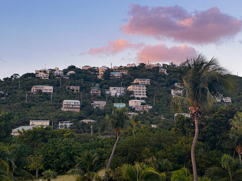 view of the homes on Cruz bay, St. John, USVI on a winter evening sunset 