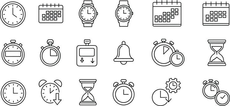Clock, Watch, Stopwatch, Alarm, Hourglass, and Calendar Icons for Time Management, Scheduling, and Productivity