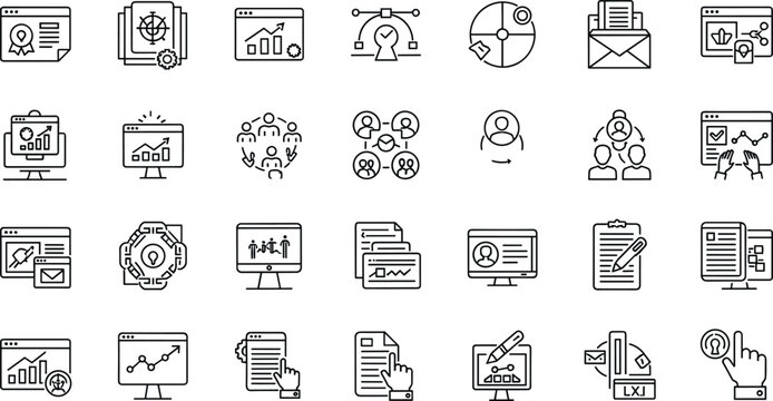 Data Analytics, Team Collaboration, Email Communication, and Project Management Icons for Business, Strategy, and Digital Solutions