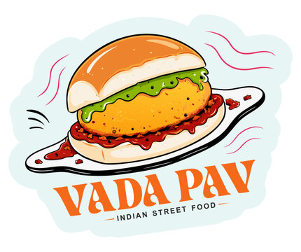 Vada Pav Indian Street Food Vector Illustration Spicy Indian Burger Design.