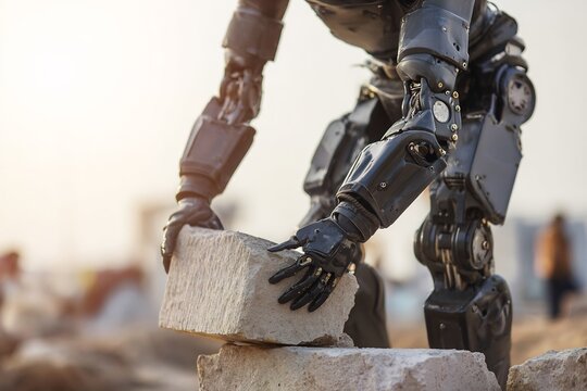 Medium shot of worker wearing sleek unbranded powered exoskeleton while lifting heavy stone block into place Focus carbon fiber joint of suit Authentic construction site background soft afternoon