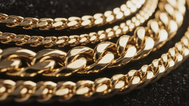 Assortment of thick gold cuban link chains resting on a dark textured surface