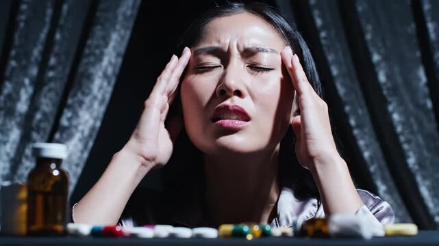 Woman Experiencing A Headache and Mental Strain Surrounded by Pills and Medical Supplies