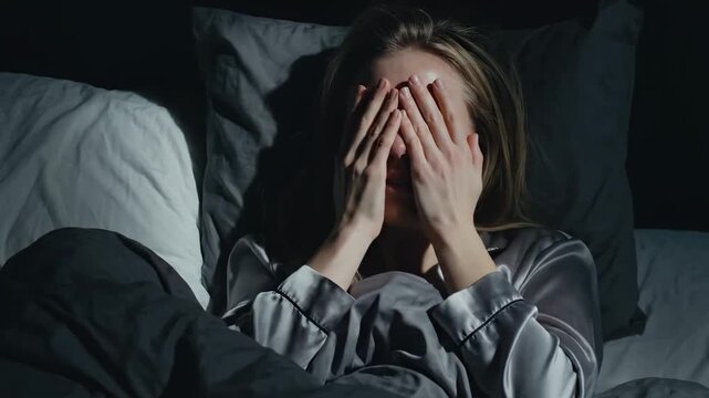 Woman Experiencing Emotional Distress Lying Awake In Bed Feeling Anxiety and Sadness