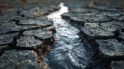 Obraz premium Clear stream flowing through cracked dry riverbed