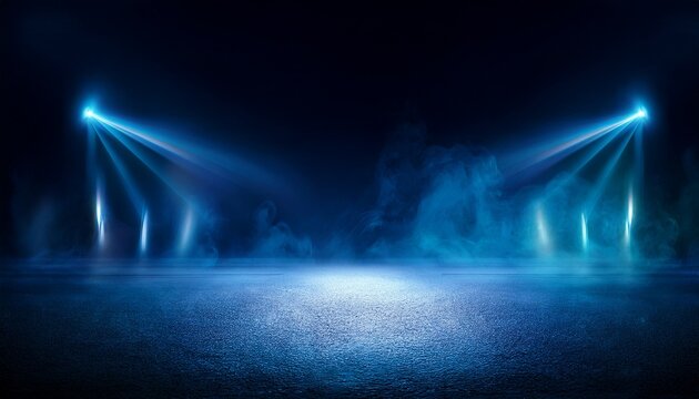 a dark empty street dark blue background an empty dark scene neon light spotlights the asphalt floor and studio room with smoke float up the interior texture night view