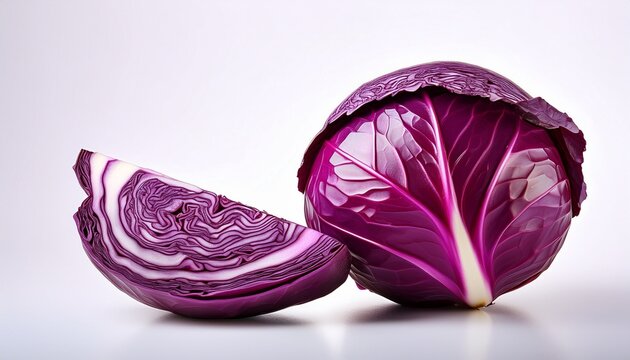 fresh red cabbage and a slice on white background
