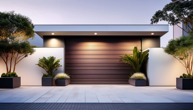 modern minimalist architecture with clean lines geometric shapes and a monochrome palette the urban exterior features a garage door potted plants tropical foliage and zen garden aesthetics