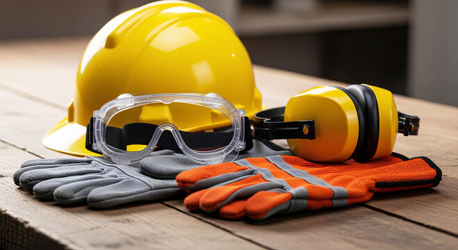 Construction safety equipment with yellow hard hat gloves glasses and earmuffs on wooden table. High quality photo