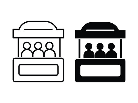 Sales booth icon Vector set black filled and outlined style. Booth or stand icon set with exhibitor. Show event ticket window counter vector symbol.