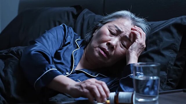 Woman Suffering From Headache And Taking Pills In Bed At Night
