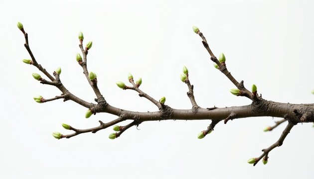 Tree branch with new green buds promises spring season. Tiny plant growths emerge on dark wood twig. Closeup detail shows nature awakening after winter.