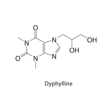 Dyphylline skeletal structure. bronchodilator compound schematic illustration. Simple diagram, chemical formula.