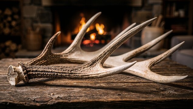 Deer antlers on a rustic wooden table, cabin interior and hunting decor concept.