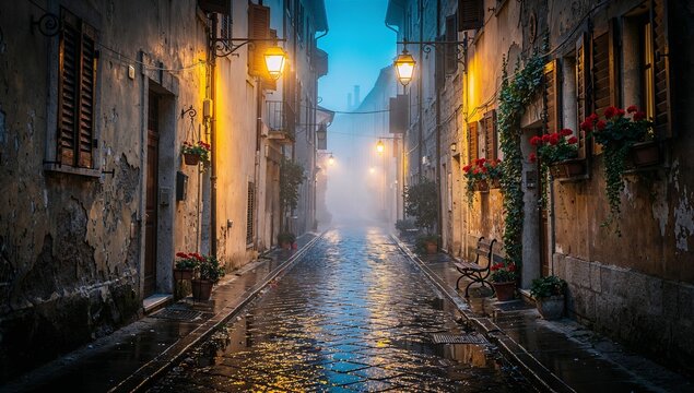 Cozy narrow street in old European city at night with cobblestone reflections.