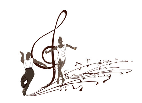 Beautiful romantic couple in passionate Latin American dances. Salsa festival. Hand drawn poster background.