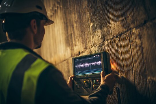 Technician generic safety gear using ultrasonic testing device massive concrete pile head screen show simple non textual waveform graph Focus raw texture of concrete glowing tech Professional