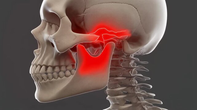 Human skull anatomy with jawbone and temporomandibular joint highlighted in static frontal view for medical education use illustrating craniofacial structure and joint stress visualization