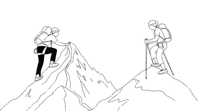 Two hikers climbing mountain peaks with backpacks and trekking poles in a line drawing style