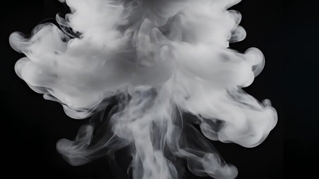Abstract White Smoke Explosion Cloud Formation on Black Background.