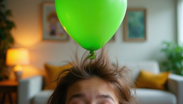 Green balloon floats above person hair standing up from static electricity. Kid learns physics fun science experiment at home. Playful education, indoor activity.