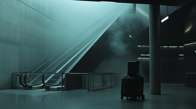Luggage case and suitcase standing on the smooth floor of a modern building, with an escalator rising into soft fog and diffuse light creating an atmosphere of travel and transit