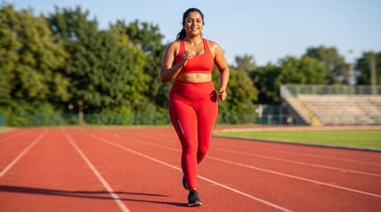 Fototapeta premium chubby indian woman running on track smiling outdoor fitness video, confident plus size woman jogging in sunlight sports lifestyle scene, female runner on track high energy fitness campaign style