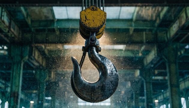 A massive, weathered industrial metal hook hangs suspended within a dimly lit, dusty factory or warehouse interior.