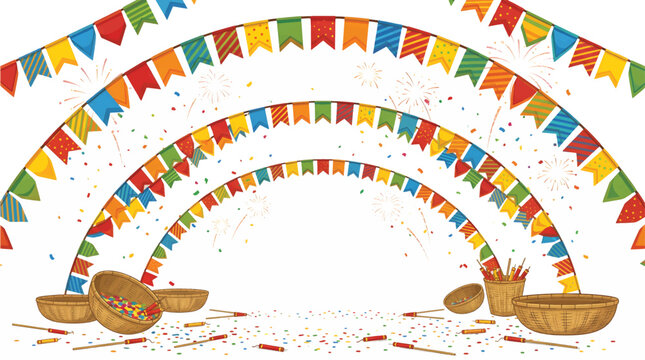 Festive Carnival Celebration Background with Colorful Bunting Flags and Fireworks