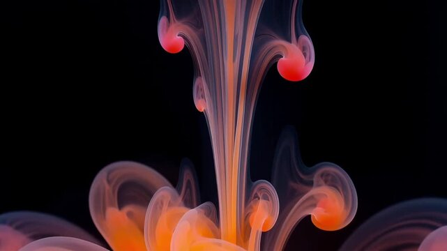 Slow motion close up of orange ink plumes rising and swirling in water tank with black background studio setting