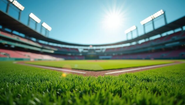 Low angle shot of empty baseball stadium infield and baseline under bright sun. Green grass, empty red seats, stadium lights, wide copy space background. Outdoor ballpark.