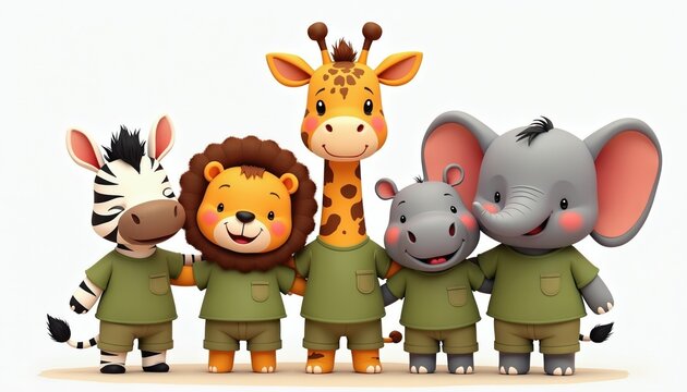 Five cute cartoon safari animals, zebra lion giraffe hippo elephant stand together. Friends wear green shirts, brown shorts. Animals smile in unity. Diverse creatures display teamwork, friendship.