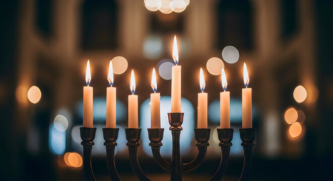 lit white candles on traditional hanukkah menorah in warm dimly lit interior background