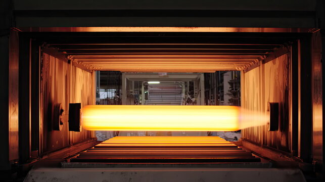 Molten steel billet glowing orange red as it moves through a high temperature industrial furnace on rollers, undergoing heat treatment inside a heavy manufacturing plant