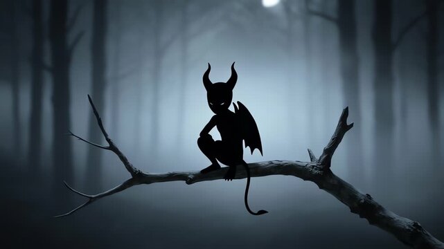 Silhouette of a small horned demon with wings sitting on a tree branch in a dark misty forest with moonlight.
