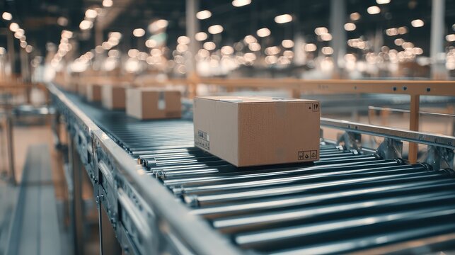 Cardboard boxes moving along warehouse conveyor belt