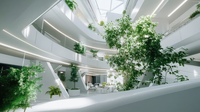 Futuristic building interior integrating lush green plants and natural light in a multi level atrium, creating a harmonious and sustainable workspace environment