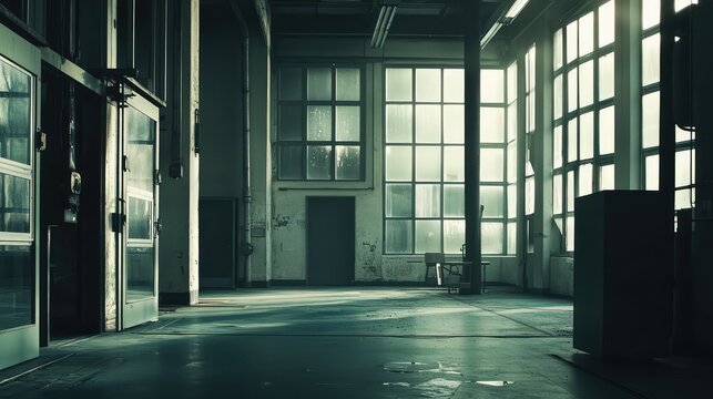 Abandoned industrial warehouse interior featuring large windows and an empty concrete floor, with natural light creating a mood of decay and past enterprise