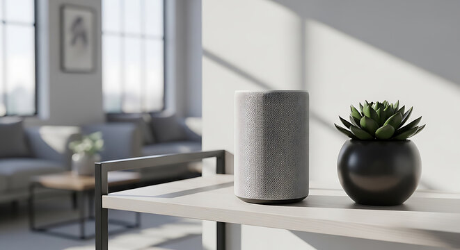 Modern smart speaker on white table with potted plant, mockup, blank spaces for text