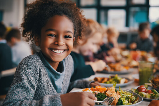 Un ni&ntilde;o sonriente come una comida equilibrada con sus compa&ntilde;eros en una luminosa cafeter&iacute;a escolar centrada en la comida saludable.