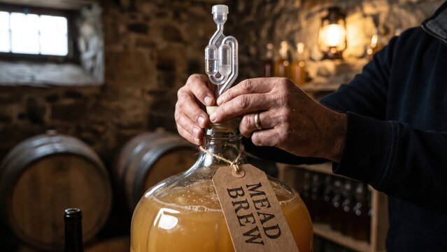 Hands Attaching Airlock to Glass Carboy Filled with Amber Bubbling Mead Brew