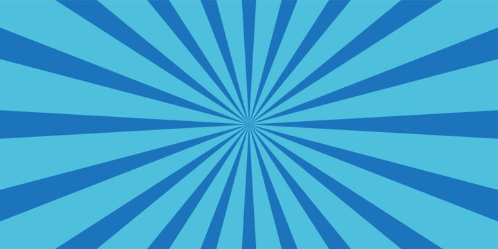 Background with shades of light blue and blue colors. Straight and circular stripes, pop art style, divergent rays.