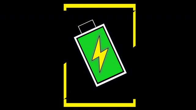 Battery charging animation loop with lightning icon, 4K flat style battery level indicator with alpha channel