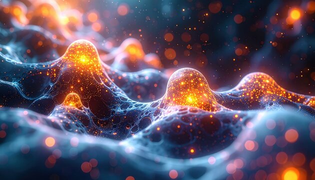 Luminous microscopic cellular structures glowing with internal light and vibrant energy in a deep cosmic background