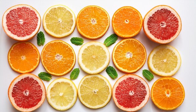 colorful pattern of citrus fruit slices and mint leaves isolated on white background top view flat lay
