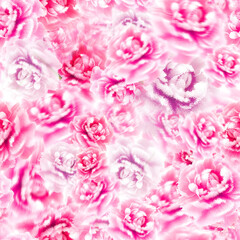 Fototapeta premium Watercolor seamless background, art pattern of peony and rose inflorescences. Pink and lilac flower petals. Festive background, trendy, beautiful pattern. Bold, bright strokes of paint. Fashionable