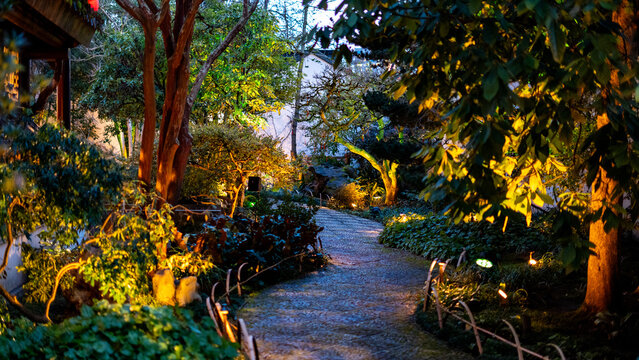 View of a stone path winding through the Lan Su Chinese Garden with illuminated trees and lush foliage at dusk in Portland, Oregon, United States.