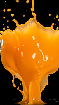 Explosion of orange juice in slow motion on isolated black background