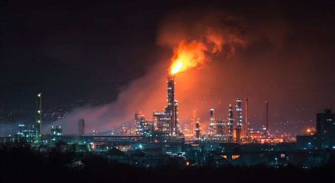 An industrial refinery complex glows under the dark night sky as a towering flare stack emits a vibrant orange flame and thick plumes of dark smoke