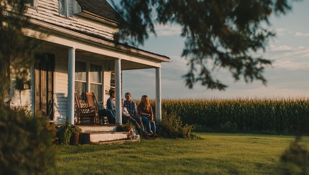 A family rests on the porch of a white wooden farmhouse overlooking a vast golden cornfield under the soft warm glow of a late afternoon sunset